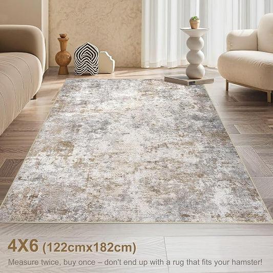 UERMEI 4x6 Area Rug Living Room Rugs - Washable Neutral Modern Abstract Soft Thin Rug Indoor Floor No Slip Rug Carpet for Bedroom Under Dining Table Home Office Decor - Brown Grey