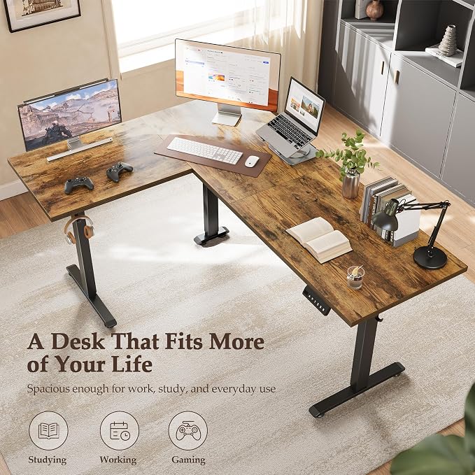 Klicelor L Shaped Standing Desk 63 x 48 Inch, Electric Height Adjustable Corner Desk for Home Office Workstation, Ergonomic Sit to Stand Computer Table with Memory Controller, Rustic Brown