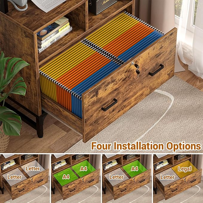 Homieasy File Cabinet with Charging Station, Vertical Filing Cabinet with Lock & Large Drawer, Printer Stand with Storage Shelves, Office Storage Cabinet fits Letter/A4/Legal Size, Rustic Brown