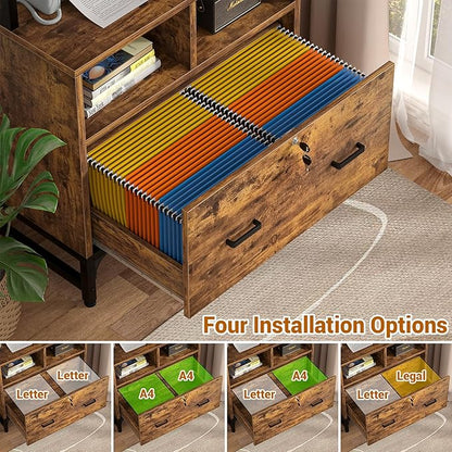 Homieasy File Cabinet with Charging Station, Vertical Filing Cabinet with Lock & Large Drawer, Printer Stand with Storage Shelves, Office Storage Cabinet fits Letter/A4/Legal Size, Rustic Brown