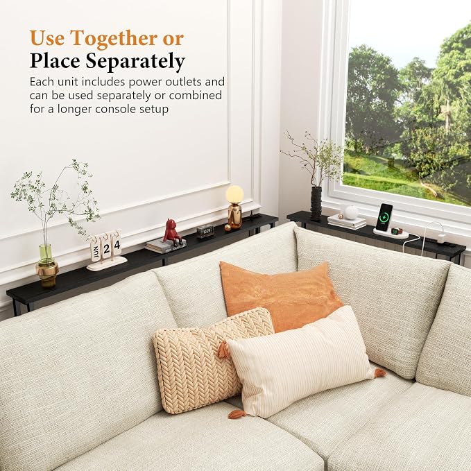39" Sofa Table Narrow Long with Power Outlets & 2 USB Ports, Metal Frame Behind Couch Table Behind Sofa Perfect for Hallway, Living Room, Entrance - Easy Assembly, 4.9' Extension Cord Included