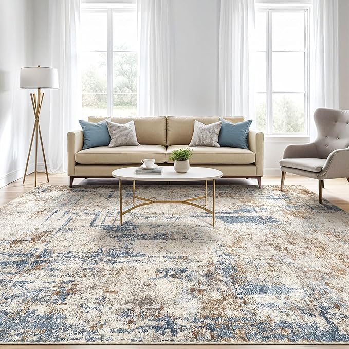 10x13 Area Rug Living Room: Washable Large Abstract Modern Soft Rugs Stain Resistant Indoor Floor Non Slip Accent Carpet for Bedroom Nursery Playroom Office Dining Room Dorm Home House- Tan