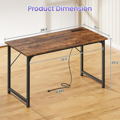 PRAISUN 40 X 20 Inch Computer Desk with Power Outlets and USB-C Port, Gaming Office Desk with Deeper Desktop, Writing Work Desk for Home Office, Study, Bedroom, Metal Frame, Rustic Brown