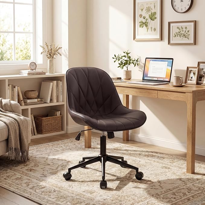 Rowill Modern Office Chair - Ergonomic Swivel Leather Desk Chair with Curved Backrest, Height Adjustable Rolling with Wheels, Perfect for Study Room & Office, Brown