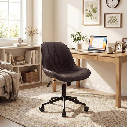 Rowill Modern Office Chair - Ergonomic Swivel Leather Desk Chair with Curved Backrest, Height Adjustable Rolling with Wheels, Perfect for Study Room & Office, Brown