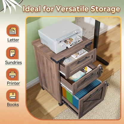 DEVAISE 3-Drawer File Cabinet with Hanging Files, Mobile Rolling Storage Cabinet for Home Office, Printer Stand, Farmhouse Style, Dark Brown