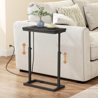 TUTOTAK End Table with Charging Station, Side Table, Tall Couch Table, Sofa Table, Living Room, Bedroom,Grey TB01BY084