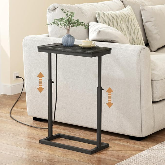 TUTOTAK End Table with Charging Station, Side Table, Tall Couch Table, Sofa Table, Living Room, Bedroom,Grey TB01BY084