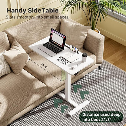 Gibbon Mounts Mobile Standing Desk, 32Inch Pneumatic Adjustable Rolling Desk, Portable Laptop Desk with Wheels, Overbed Bedside Table Laptop Table for Couch, Home, Office, White