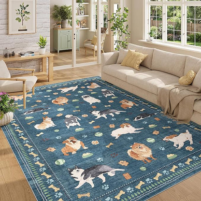 DUKINO 6x9 Rug for Living Room, Lightweight Animal Dog Print Washable Area Rug, Soft Non Slip & Low Pile Floor Mat, Stain Resistant Large Carpet for Bedroom, Nursery, Dining Room, Kids Playroom, Blue