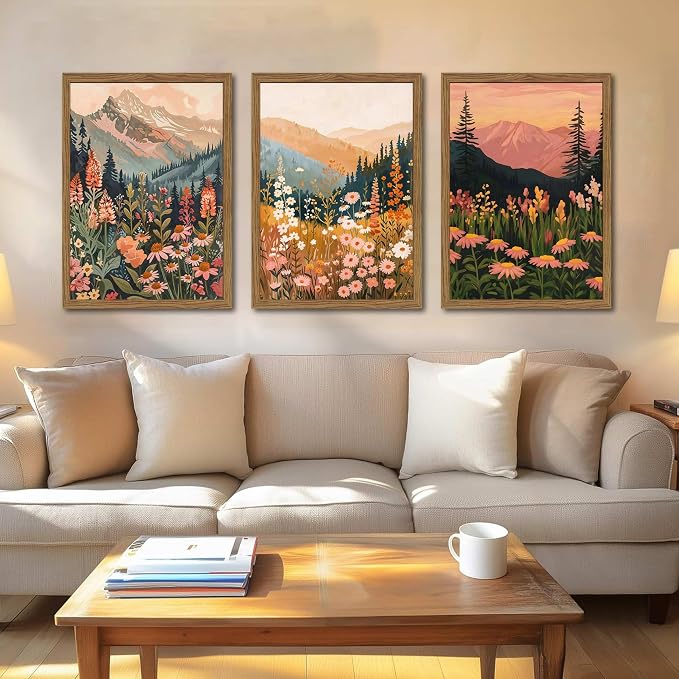 Boho Colorful Landscape Wall Art Set of 3, Vintage Wildflower Mountain Canvas Wall Decor Paintings, Rustic Nature Floral Pictures Prints for Living Room Bedroom 16x24 Inch Wood Framed