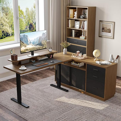 ONBRILL Home Office Furniture Sets, 55'' Standing Desk with 55'' File Cabinet, Electric Height Adjustable Standing Desk with 71'' Tall Modern Bookshelf, Home Office Furniture Set, Oak Brown