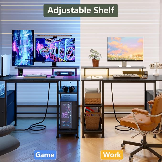 Furologee 61" Gaming Desk with Power Outlets & LED Lights, Reversible Computer Desk with File Cabinet & Monitor Stand for Home Office, Large Work Table with Storage Shelves & Drawer, Black