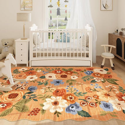 DUKINO 5x7 Area Rug, Floral Washable Rugs for Living Room with Non Slip Backing & Non-Shedding, Lightwight Low Pile Boho Design Large Carpets for Bedroom, Living Room, Dining Room, Orange