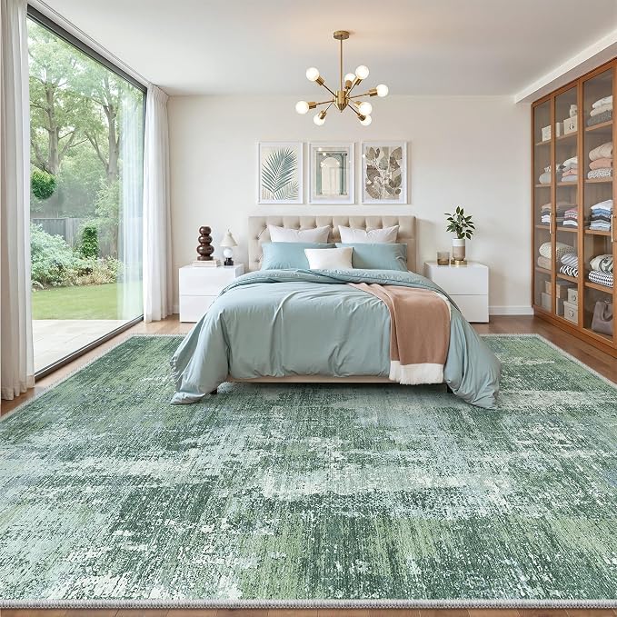Valenrug Washable Rugs 8x10 - Stain Resistant 8x10 Area Rugs for Living Room, Non Slip Backing Abstract Large Area Rugs for Bedroom, Folable Machine Washable Area Rug(8'x10', Sage Green)