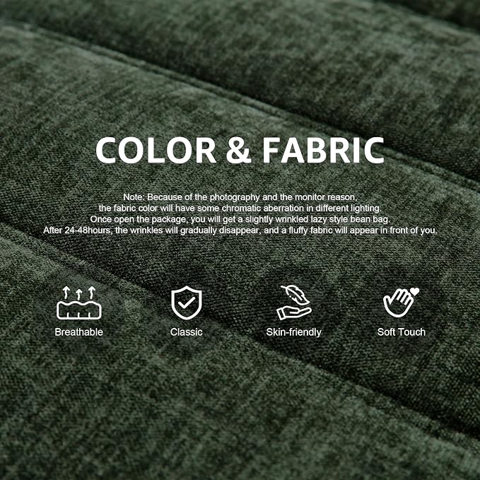 Hobestluk Giant Bean Bag Chair Faux Fur BeanBag Couch for Living Room | Green Chenille, 3-Seater,Ergonomic Design,Memory Foam,Anti-slip Bottom,No Assembly Required,Decorative Style for Living Room