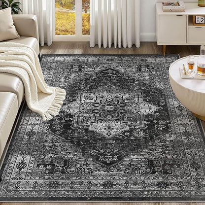 UERMEI 8x10 Area Rug Living Room Rugs - Washable Vintage Soft Large Rug Indoor Floor No Slip Rug Carpet for Bedroom Farmhouse Under Dining Table Home Office Decor - Black
