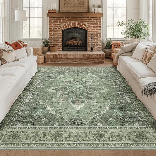 RELEANY Area Rugs Square 8ft Washable Non-Slip, Floral Vintage Distress Medallion Carpet for Living Room Bedroom Dining Room, Dark Green Gray