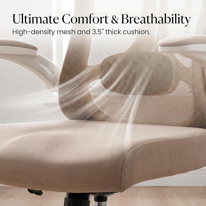 Ergonomic Office Chair with Adjustable Lumbar Support & Flip-Up Armrests - High Back Computer Desk Chair with Thickened Seat Cushion, Rolling Wheels for Home/Office Study Work (08khaki)