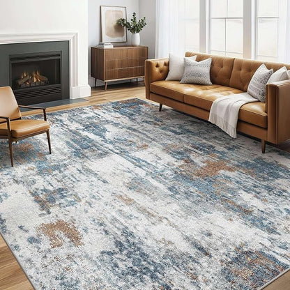 5x7 Area Rugs Living Room: Washable Large Abstract Neutral Modern Soft Rug Stain Resistant Indoor Floor Non-Slip Accent Carpet for Bedroom Nursery Playroom Dining Room Office Dorm Home- Rust Cyan