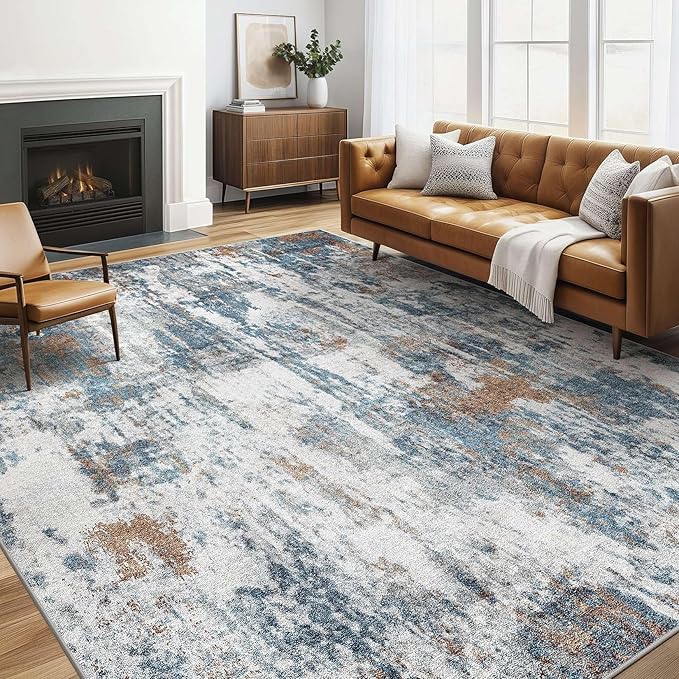 6x9 Area Rugs Living Room: Washable Large Abstract Neutral Modern Soft Rug Stain Resistant Indoor Floor Non-Slip Accent Carpet for Bedroom Nursery Playroom Dining Room Office Dorm Home- Rust Cyan