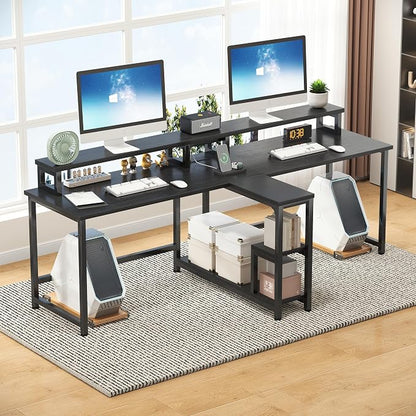 Mexin 83.7 Inch Two Person Desk with Storage Shelves and Power Outlets, Double Desk with Monitor Stand, 2 Person Writing Study Table Workstation for Home Office, Black