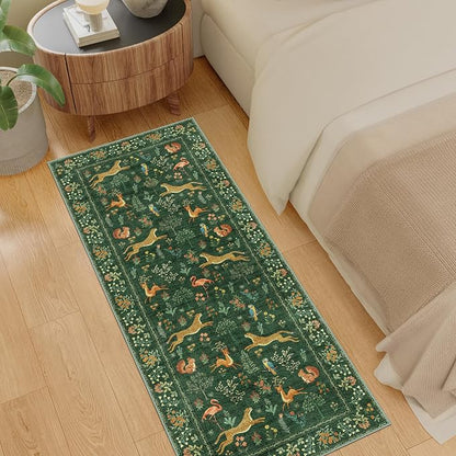 DUKINO 2x5 Rug for Hallway, Washable Kitchen Runner Rug with Non Slip Backing, Soft Low Pile Vintage Animal Runner for Bedroom, Kitchen, Hallway, Entryway, Laundry, Green