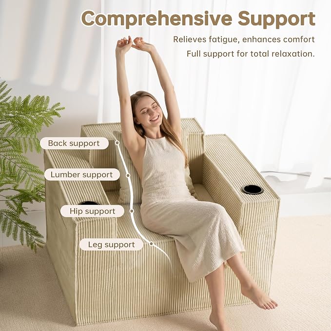 Cloud Single Sofa,Chaise Lounge Chair with Cup Holder & Side Pocket,Elevated Seat Height,No Assembly Required,Boneless Corduroy Chair for Small Space,Bedroom,Office (Khaki, Single Sofa)