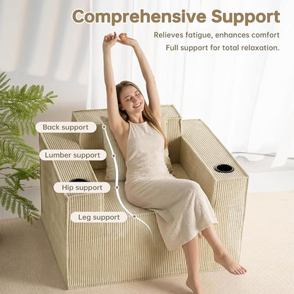 Cloud Single Sofa,Chaise Lounge Chair with Cup Holder & Side Pocket,Elevated Seat Height,No Assembly Required,Boneless Corduroy Chair for Small Space,Bedroom,Office (Khaki, Single Sofa)