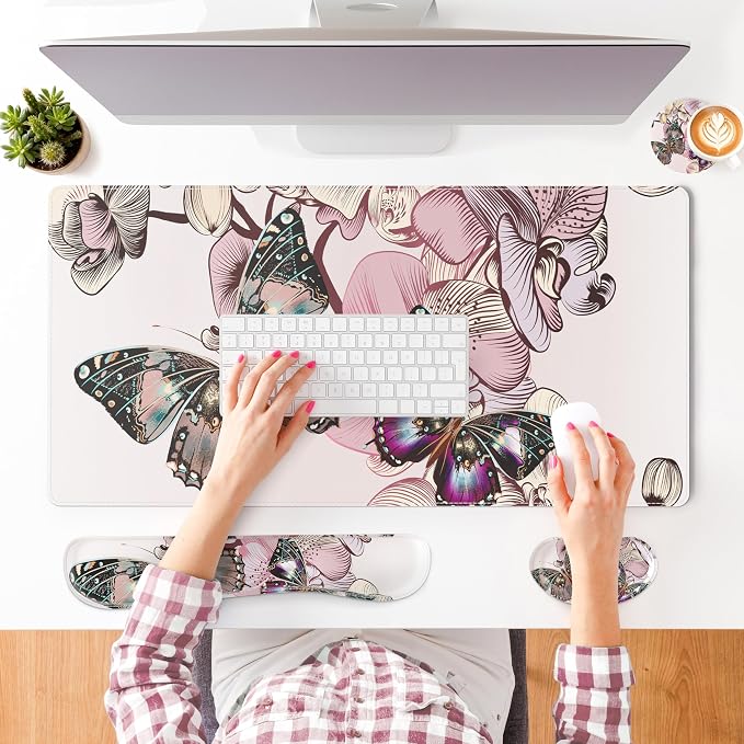 QIYI Leather Desk Mat Set, 4-in-1 Large Mouse Pad with Ergonomic Wrist Rest, Waterproof Desk Pad + Keyboard Wrist Rest + Mouse Wrist Support + Coaster, Non-Slip Office Gaming Accessories, Butterflies