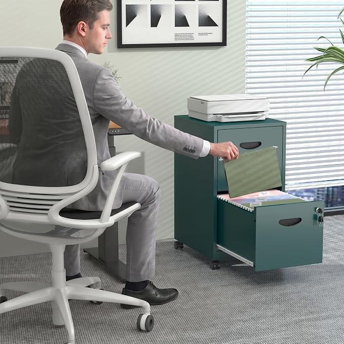 2 Drawer Mobile File Cabinet with Lock, Green Metal Filing Cabinets with Wheels, Vertical Rolling File Cabinet Fit Hanging Files, Letter and A4 Documents