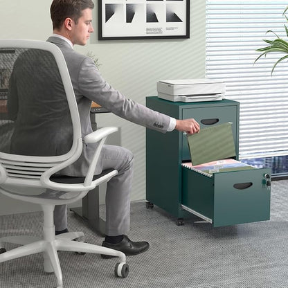 2 Drawer Mobile File Cabinet with Lock, Green Metal Filing Cabinets with Wheels, Vertical Rolling File Cabinet Fit Hanging Files, Letter and A4 Documents