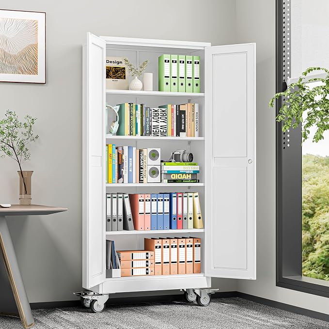 winiowa 71" Tall Metal Garage Storage Cabinet with Wheels, Steel Locking Rolling Tool Cabinet with 4 Adjustable Shelves for Garage,Home,Office (White)