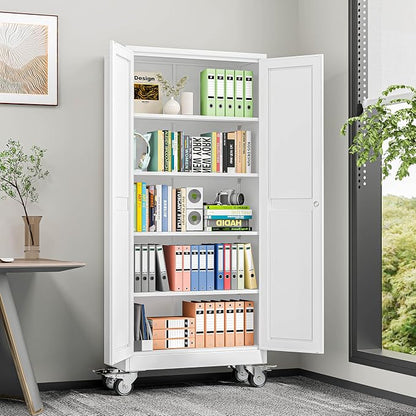 winiowa 71" Tall Metal Garage Storage Cabinet with Wheels, Steel Locking Rolling Tool Cabinet with 4 Adjustable Shelves for Garage,Home,Office (White)