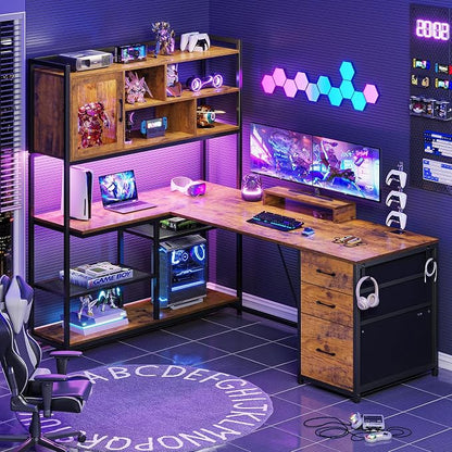 SEDETA L Shaped Computer Desk, 58'' Office Desk with 3 Drawers and Bookshelf, L Shaped Corner Desk with Storage Shelves and LED Light for Home Office, Gaming Desk, L Desk, Rustic Brown