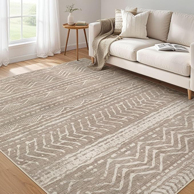 Nakagishi 6x10 Area Rugs Living Room: Washable Boho Large Neutral Soft Farmhouse Area Rugs Stain Resistant Modern Non-Slip Indoor Floor Carpet for Bedroom Nursery Kids Playroom Office-Dark Brown