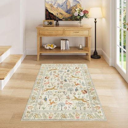 DUKINO 3x4 Washable Entryway Rug, Vintage Animal Ultra Soft Kitchen Area Rug with Non Slip Backing, Low Pile & Stain Resistant Indoor Door Mat for Bathroom, Bedroom, Laundry Room, Office, Beige