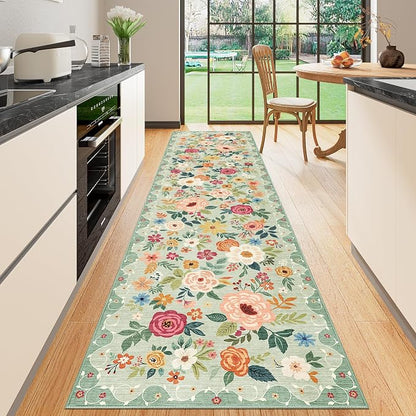 DUKINO Runner Rug for Hallway, 2.6x10 Washable Floral Long Kitchen Rug with Non Slip Backing, Boho Lightweight & Stain Resistant Soft Runners for Indoor Entrance, Laundry, Living Room, Bedroom, Green