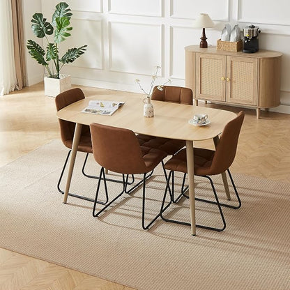 HIPIHOM Modern 4-Piece Dining Table Set for 4 | 55-Inch Wood Kitchen Table & 4 Brown Leather Chairs | Space-Saving Dining Set for Small Spaces, Breakfast Nook, Dining Room