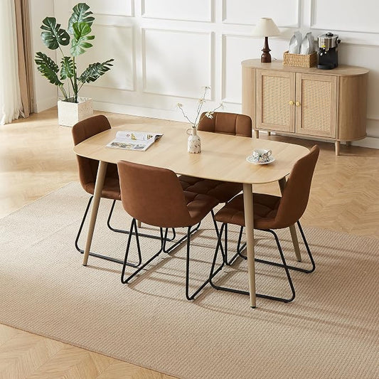 HIPIHOM Modern 4-Piece Dining Table Set for 4 | 55-Inch Wood Kitchen Table & 4 Brown Leather Chairs | Space-Saving Dining Set for Small Spaces, Breakfast Nook, Dining Room
