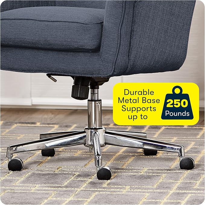 Serta Ashland Home Office Desk Chair with Button Tufted Mid-Back, Memory Foam Cushion and Padded Arms, Mid Century Modern Vanity Armchair with Wheels for Bedroom, Chrome Metal Base, Blue