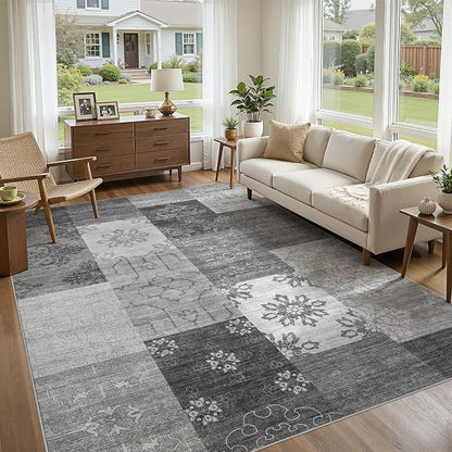 UERMEI 6x9 Area Rug for Living Room - Washable Vintage Carpet, Non-Slip Soft Large Indoor Floor Rugs for Bedroom Home Office & Under Dining Table Decor, Gray Block
