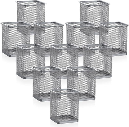 Segarty Pen Cup Holder, 12 Pack Square Silver Pen Holder for Desk, Multifuntional Mesh Pencil Cups Containers for Marker, Office Supplies, School Students, Home Desktop, Brush Organizer