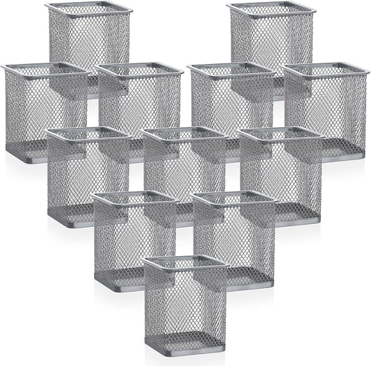 Segarty Pen Cup Holder, 12 Pack Square Silver Pen Holder for Desk, Multifuntional Mesh Pencil Cups Containers for Marker, Office Supplies, School Students, Home Desktop, Brush Organizer