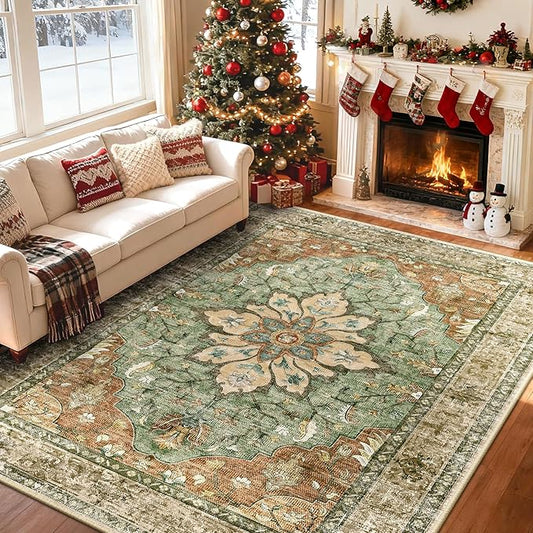 RELEANY Area Rugs 6'x8' Washable Non-Slip, Floral Vintage Distress Medallion Carpet for Living Room Bedroom Dining Room, Terracotta Burnt Orange Green
