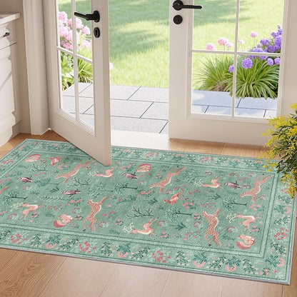DUKINO 2x4 Rug for Hallway, Washable Kitchen Runner Rug with Non Slip Backing, Soft Low Pile Vintage Animal Runner for Bedroom, Kitchen, Hallway, Entryway, Laundry, Teal