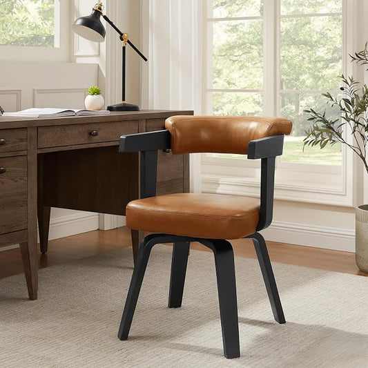 Art Leon Home Office Desk Chair - Mid Century Modern Chair, Faux Leather Office Chair No Wheels, Comfy Accent Arm Chair with Wood Legs for Small Spaces Living Room Bedroom Study, Black/Walnut
