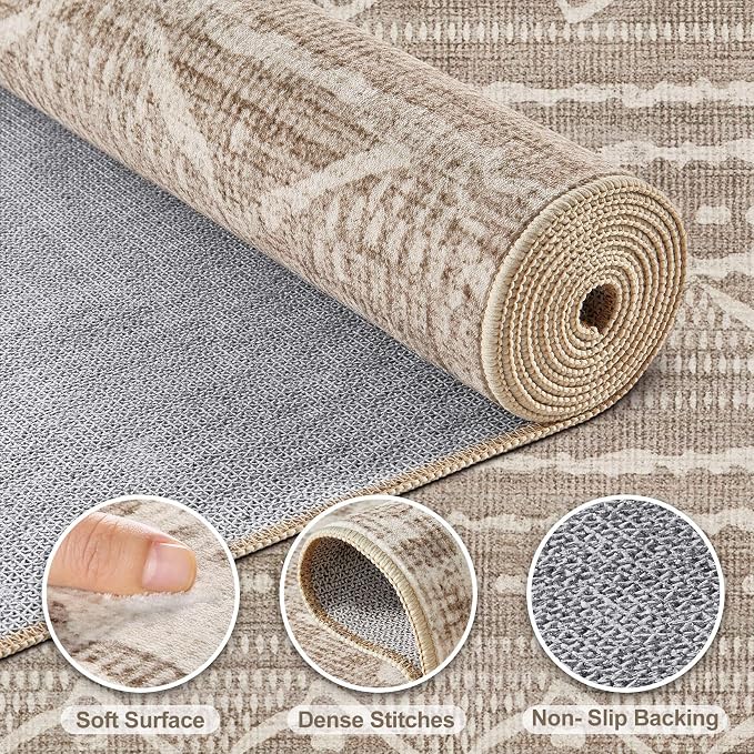 Nakagishi Area Rug Living Room Rugs: 2X6 Machine Washable Boho Large Neutral Farmhouse Stain Resistant Moroccan Indoor Floor Carpet for Bedroom Nursery Dorm Dining Room Home-Dark Brown