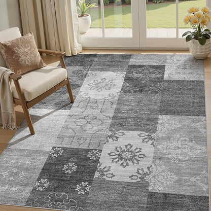 UERMEI 5x7 Area Rug for Living Room - Washable Vintage Carpet, Non-Slip Soft Large Indoor Floor Rugs for Bedroom Home Office & Under Dining Table Decor, Gray Block