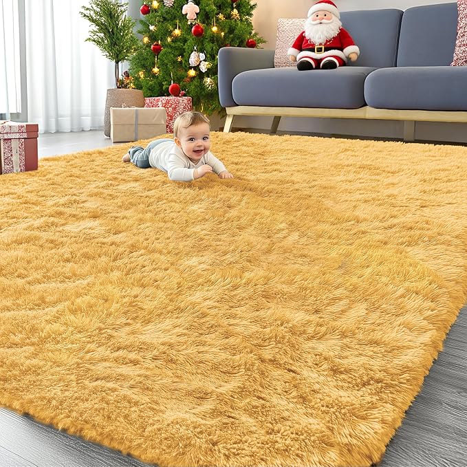 OLANLY 9x12 Machine Washable Large Area Rugs for Living Room, Bedroom, Soft Fluffy Shaggy Bedside Rug, Indoor Floor Carpet for Kids Girls and Boys, Dorms, Nursery, Home Decor Aesthetic, Mustard Yellow